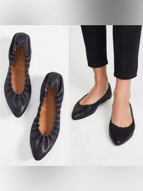 SEE BY CHLOE - Black Women's Pointed-Toe Leather Ballet Flats